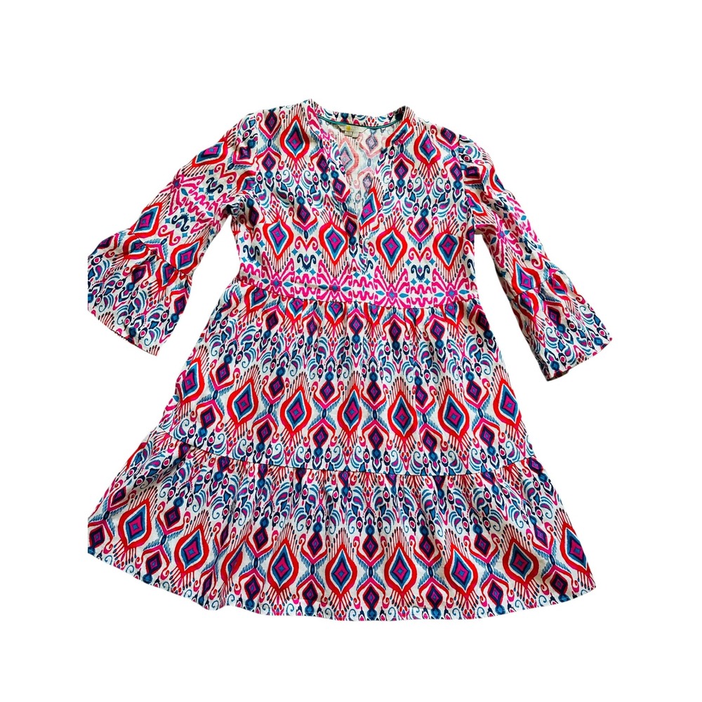 Boho Boden Ikat Tiered Mini Dress Size 10 Pink Blue Bell Sleeve V-Neck